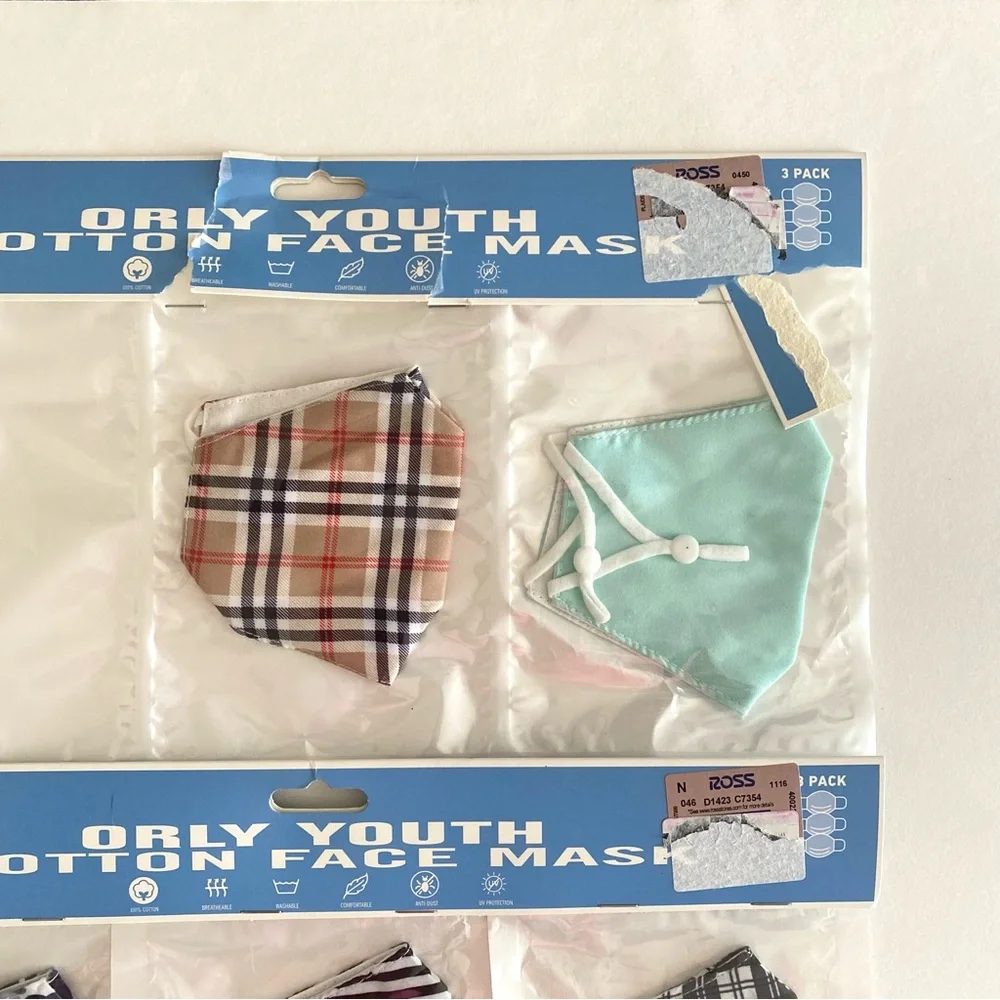 NWT Orly Youth Cotton Face Masks Multicolor Printed 3 Pack + 2 Pack Face Covers